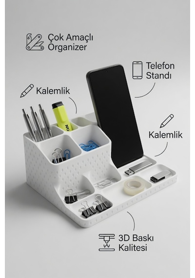 Telefon Standlı Masaüstü Organizer Kalemlik, Notluk Ve Ofis Düzenleyici