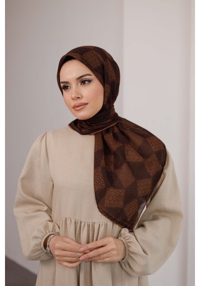 Mimiyum Mosaic Desen Soft Eşarp Kahve Kiremit Çok Renkli