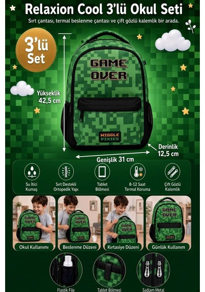 Minecraft 3772 Creeper Okul Çantası Çift Gözlü 41,5 Cm Tablet Bölmeli Ergonomik Su İtici Sırt Çantası Çok Renkli