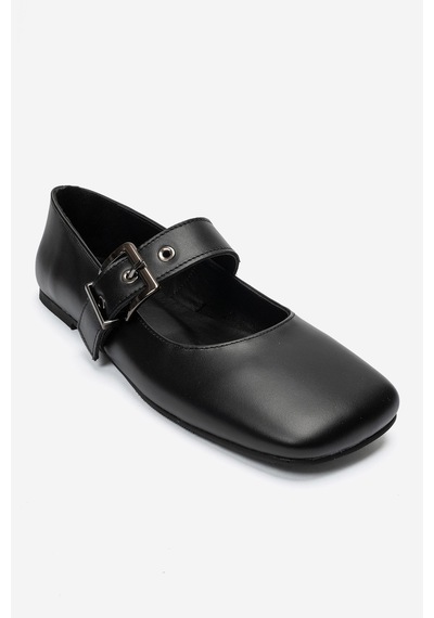 Luvi Shoes Jonas Siyah Cilt Hakiki Deri Kemerli Kadın Babet Ayakkabı