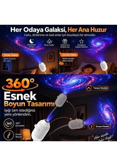 Tr 2'si 1 Arada Galaksi Projektör Gece Lambası 360 Esnek Boyunlu Usb Led Yıldız Projeksiyon, Ayarlanabilir Iş