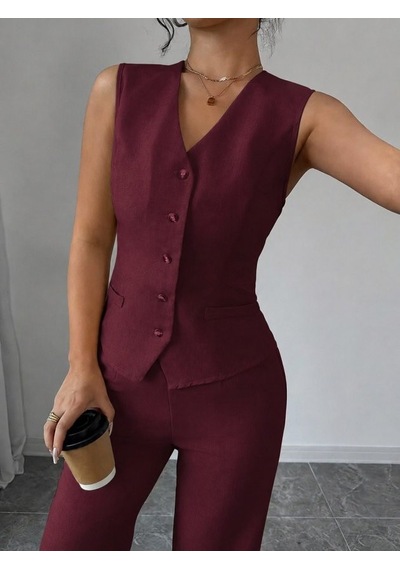Efnaz Style Kadın Askılı Önden Düğmeli Bluz Ve Pantolon Keten Ikili Takım Bordo