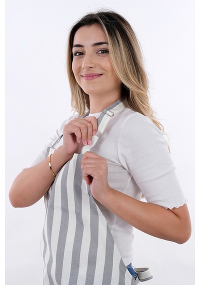 Sweet 3lü Set Ayarlanabilir Askılı Cepli Mutfak Önlüğü Seti 2 Eldiven Gri Çizgili