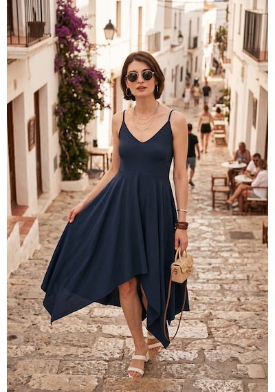 Lela Asimetrik Kesim Regular Fit Midi Boy Askılı V Yaka Bayan Elbise 5866131 Indigo