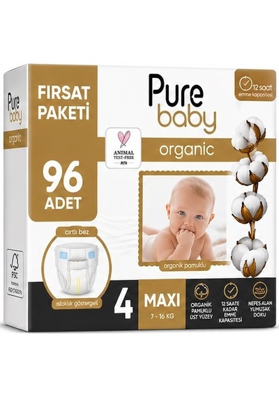 Pure Baby Organik Bebek Bezi 4 Beden 7-16 Kg Maxi 96 Adet 4 Numara