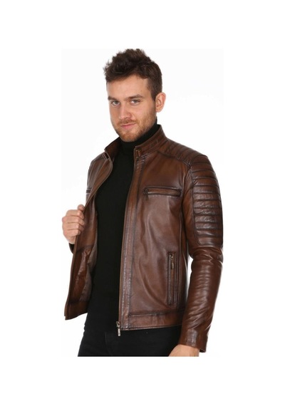 Hakiki Kuzu Derisi Fermuarlı Spor Erkek Deri Ceket Kahverengi