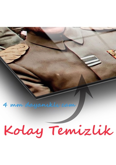 Mustafa Kemal Atatürk Üniformalı Dikey Cam Tablo Evlika, Modern Ev Ofis Salon Duvar Dekoru, Hediyelik Tablo