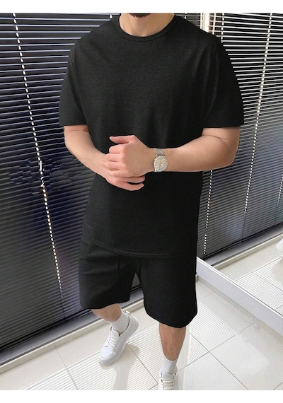 Basic Düz T-shirt Şort - Siyah Alt Üst Kombin Şort Tişört Takım Oversize Bisiklet Yaka Siyah