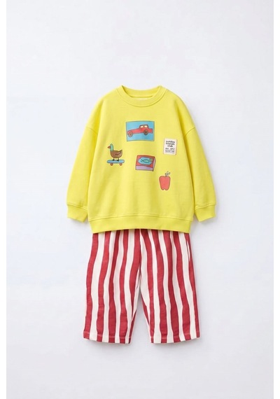 Magu Erkek Çocuk Baskılı Sarı Sweatshirt Ve Kırmızı Çizgili Eşofman Takımı Çok Renkli