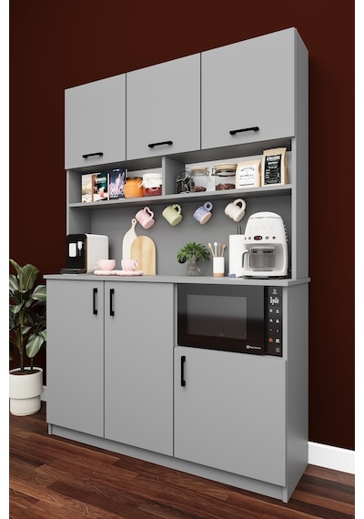 Lüks Kahve Köşesi Dolabı %100 Mdf Çok Amaçlı Erzak Depolama Dolabı Kahve03 Kül Gri