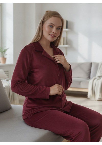 Estiva Kadın Önden Düğmeli Büyük Beden Kadife Pijama Takımı Bordo