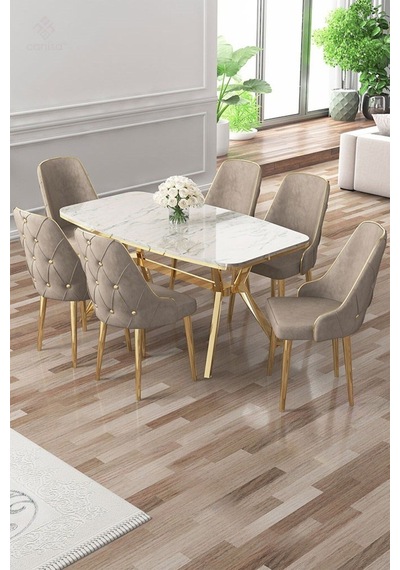 Canisa Asel Serisi 90x160 Lak Panel Beyaz Mermer Desen Gold Ayaklı Masa Takımı Ve 6 Cappucino Sandalye Beyaz Mermer Desen Masa Sandalyeler Cappucino Canisa Asel Serisi 90x160 Lak Panel Beyaz Mermer Desen Gold Ayaklı Masa Takımı Ve 6 Cappucino Sandalye Beyaz Mermer Desen Masa Sandalyeler Cappucino