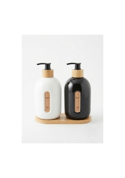 Cam Sıvı Sabunluk Seti 500 Ml 2'li Bambu Detaylı Mutfak Ve Banyo Sabunluk Takımı Beyaz - 894624291 Beyaz