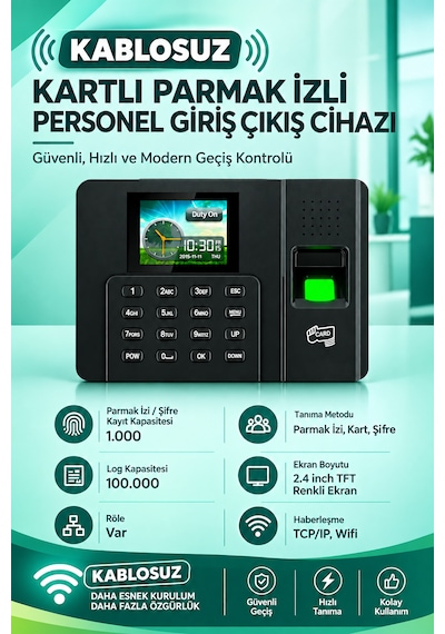 Wifi Kablosuz Parmak İzi Ve Kartlı Personel Giriş Çıkış Cihazı Ve Yazılımı 20 Kart Dahil