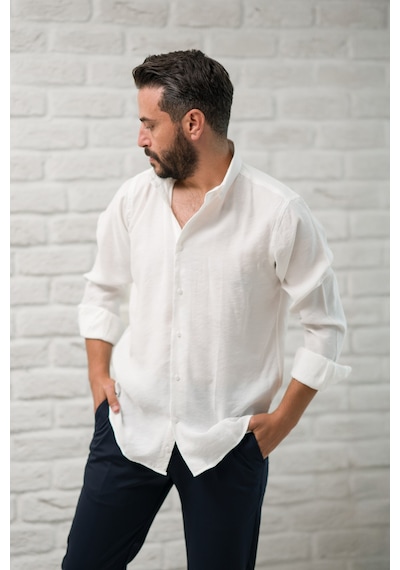 Regular Fit Yaka Düğmeli Yazlık Modal Kumaş Erkek Gömlek Beyaz