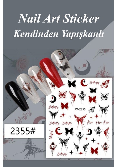 Nail Art Sticker Kendinden Yapışkanlı, Tırnak Süsleme, Tırnak Dövmesi Stikır 2355 Kırmızı-siyah-2355