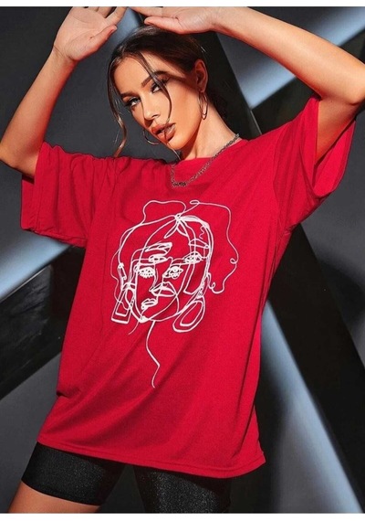 Kozia Outdoors Malkoçbey Kadın Yüz Figür Detaylı Basic Oversize Unisex T-shirt Kirmizi