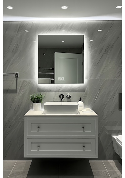 Digital Hayat Buğu Çözücü Dokunmatik Dimlenebilir Kare Ayna Beyaz Işıklı Led Dekoratif Banyo Makyaj Aynası Beyaz