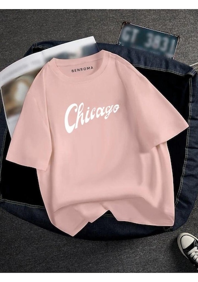 Oversıze Chicago Baskılı Unısex Tisort Baskılı Pembe