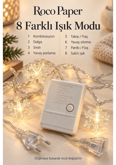 Yılbaşı Kar Tanesi Led Işık 29 Adet , 4 Metre - 8 Fonksiyonlu, Yeniyıl Ağacı Süsü, Şeffaf Kablolu