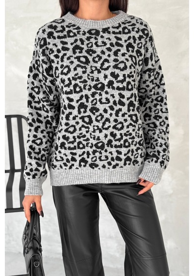 Femelle Kadın Gri Standart Beden Leopar Desen Oversize Triko Kazak