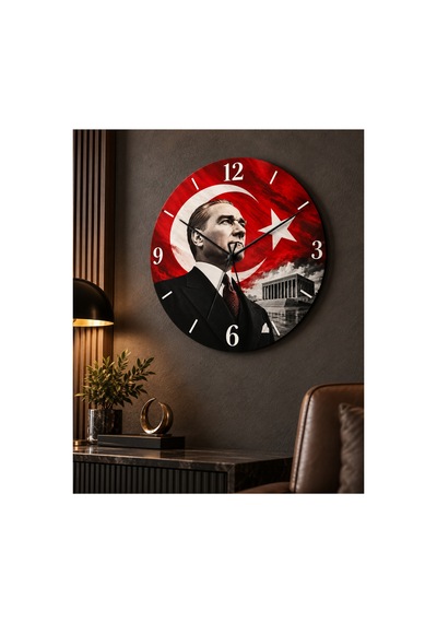 Atatürk Temalı 45 Cm Ahşap Sessiz Akar Mekanizmalı Uv Baskılı Dekoratif Duvar Saati Hediyelik 1098 Çok Renkli