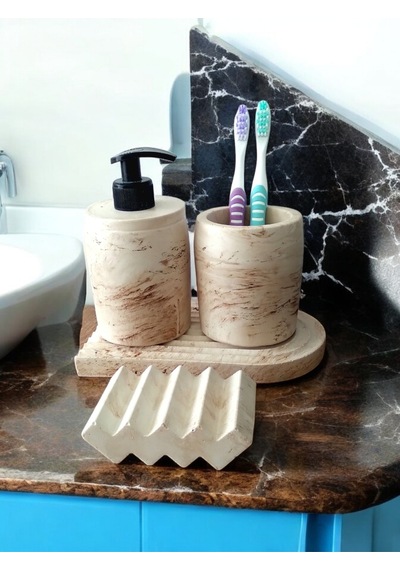 Marble Serisi Bej Beton Sıvı Sabunluk Ve Diş Fırçalık Seti Gri