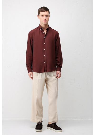 Antioch Keten Karışımlı Relaxed Fit Erkek Gömlek Bordo
