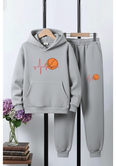 Fyk Kids 3 İplik Şardonlu Kışlık Nabız Basketbol Baskılı Kanguru Cepli Kapüşonlu Erkek Çocuk Eşofman Takımı Gri