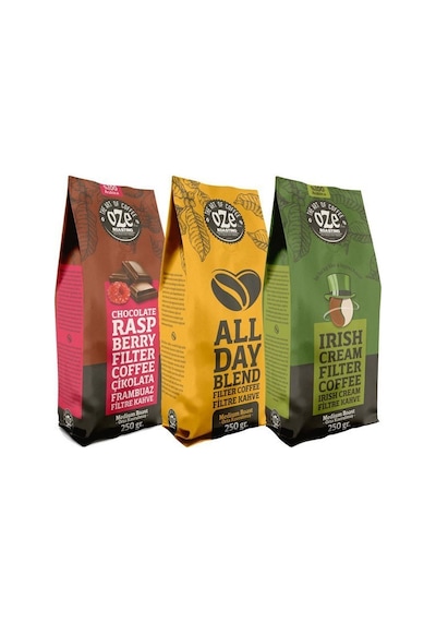 Oze Aromalı Filtre Kahve Tanışma Seti Irish Cream, All Day Blend, Çikolata Frambuaz 3'lü 250G Çekirdek