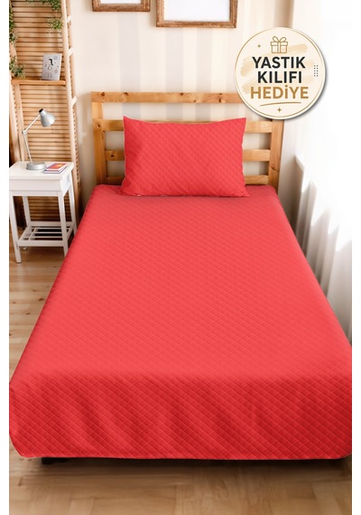 Kırmızı Modern Genç Odası Tek Kişilik Pike Takımı - Kapitone Düz Mercan 160x220 Cm Yatak Örtüsü Sabahçı Pike Serinliği