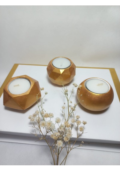 Geometrik Desenli Antiquity Gold 3'lü Mumluk Set, Dekoratif Masa Sehpa Üstü Aksesuar Gold