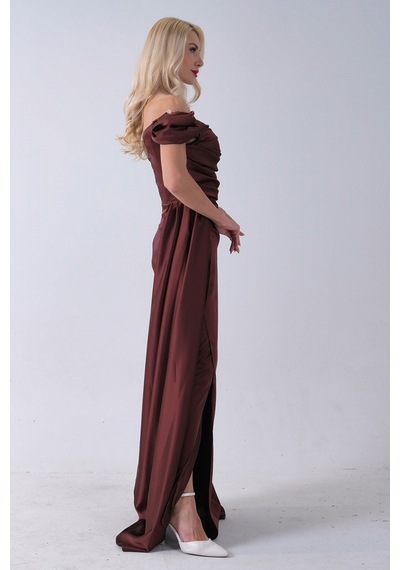 Feminist Kahve Drape Detaylı Saten Kumaş Abiye Elbise 9704858 Kahverengi