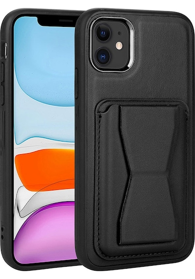 Kilifone - Apple Uyumlu iPhone 12 - Kılıf Kart Bölmeli El Tutacaklı Stand Olan Pu Deri Memo Kapak - Siyah