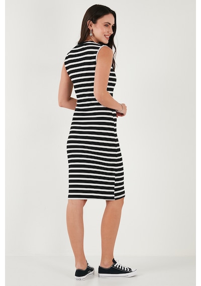 Lela Pamuklu Slim Fit Bisiklet Yaka Çizgili Bayan Elbise 5866168 Siyah-Beyaz