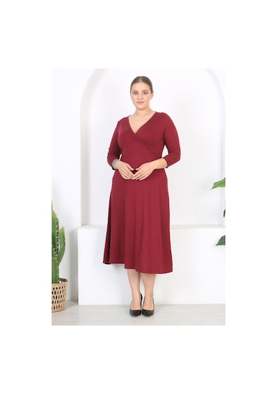 Mooi Xxl Kadın Bordo Uzun Kol Kruvaze Yaka Büyük Beden Maxi Elbise Bordo