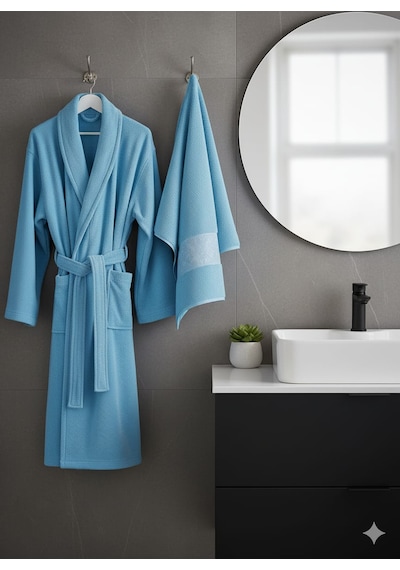 Belinis %100 Pamuk Otel & Spa Kalitesinde Yumuşak Yüksek Su Emici 1 Adet Bornoz 1 Adet 50 X90 Cm Havlu Mavi