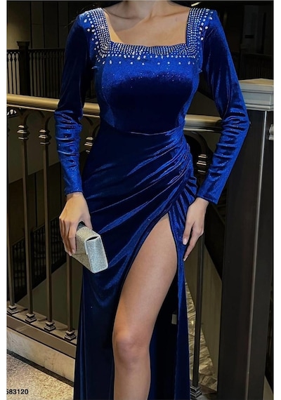 Lior Design Kadın El Emeği Kadife Kumaş Kare Yaka Taş Detaylı Abiye Elbise Saks