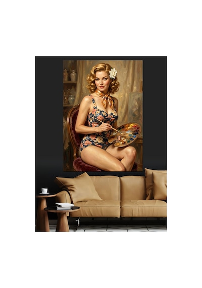 Resim Yapan Retro Mayolu Kadın Yağlı Boya Dokulu Kanvas Tablo Canvas Tablosu