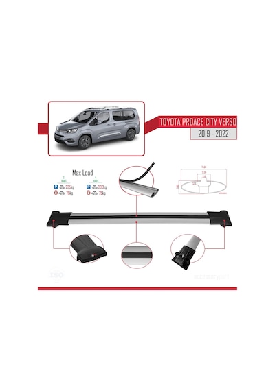 Toyota Proace City Verso 2019-2022 Arası İle Uyumlu Fly Model Ara Atkı Tavan Barı Gri 3 Adet Bar