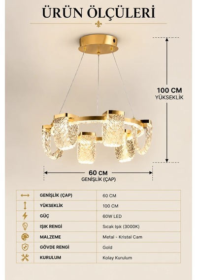 Modern Premium Led Avize Gold Kasa Salon Oturma Odası Lüks Sarkıt Avize 60w