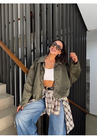 Prifaldi Premium Oversize Süet Bomber Ceket Haki