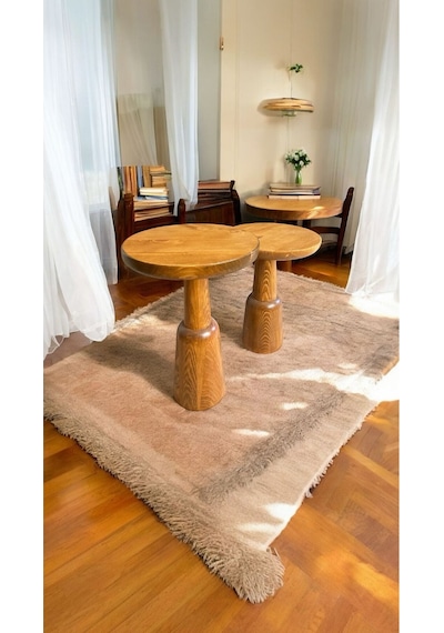 Wood Ahşap 2'li Set Mantar Yan Sehpa Modern Fiskos / Tik Ağacı Renk / Zigon Sehpa Vernikli Tik Ağacı