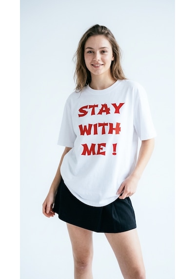 Hoxie Kadın Beyaz Kırmızı Slogan Yazılı Baskılı Oversize Bisiklet Yaka Tişört