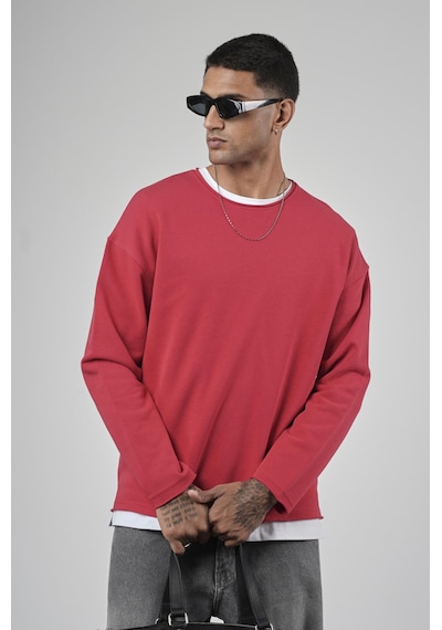 Pis Yaka Oversize Kesim Erkek Düz Sweatshirt Kırmızı