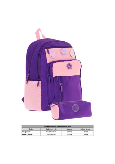 Kauko Holiday Kız Çocuk Rozetli Okul Çantası Ve Kalemlik Seti - Mor Pembe - Altı Bölmeli Mor - Pembe