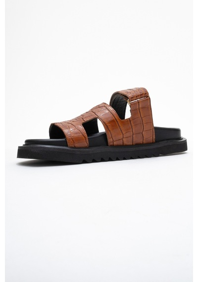 Luvishoes Luvi Shoes Loana Taba Baskı Hakiki Deri Kadın Terlik Taba