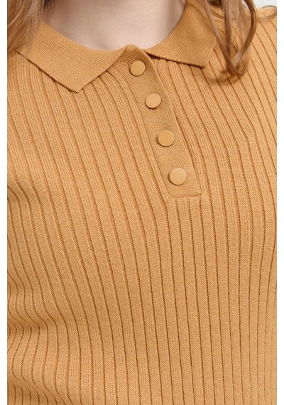 Desen Triko Kadın Polo Yaka Dikişsiz Kazak 24182 Camel Camel