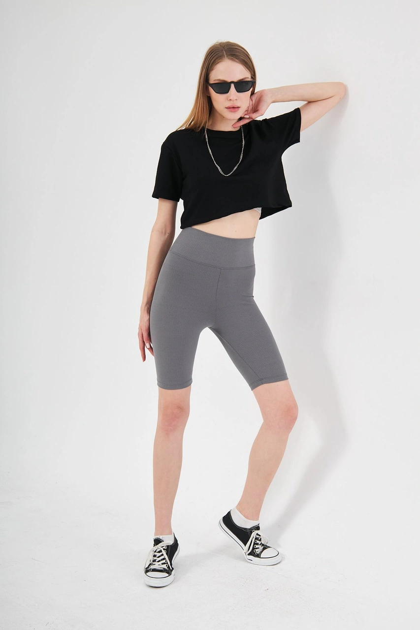 Thiff Gymwear Haki Yüksek Bel Toparlayıcı Kısa Şort Spor Fitilli Biker Tayt Antrasit