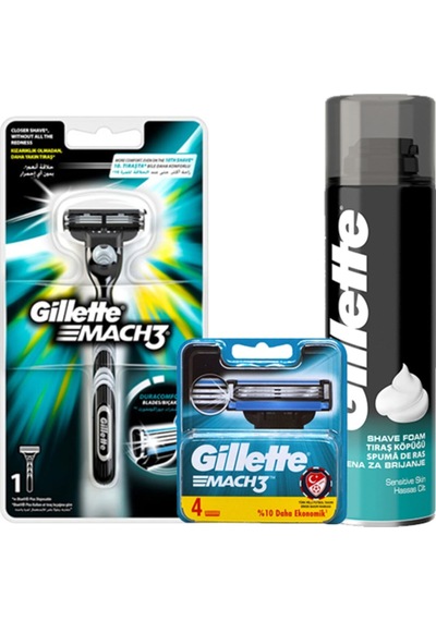 Gillette Mach3 Tıraş Makinesi 1 Up + Yedek Tıraş Bıçağı 4'lü + Tıraş Köpüğü 200 ML